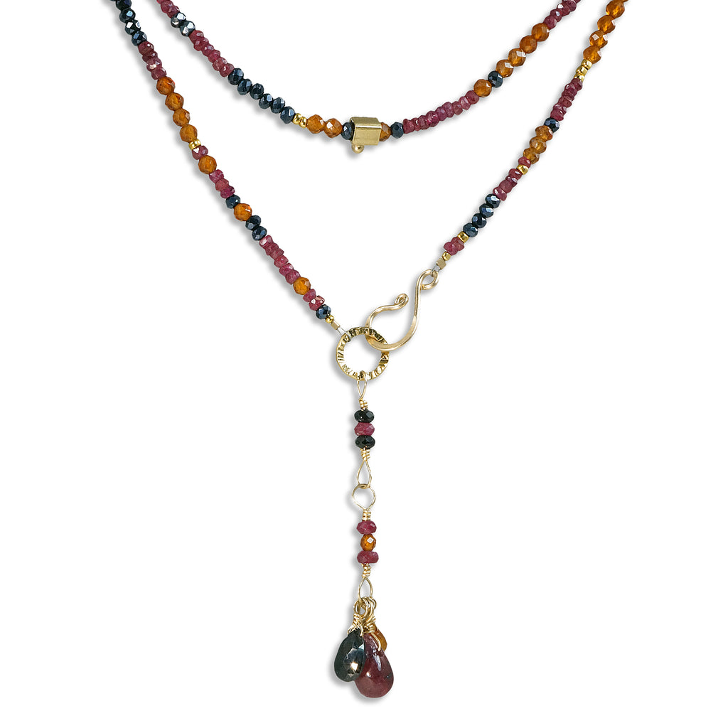 Multi Gemstone Gold Necklace/Wrapped Bracelet with Spinel, Hessonite, Ruby - Long