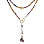 Multi Gemstone Gold Necklace/Wrapped Bracelet with Spinel, Hessonite, Ruby - Long