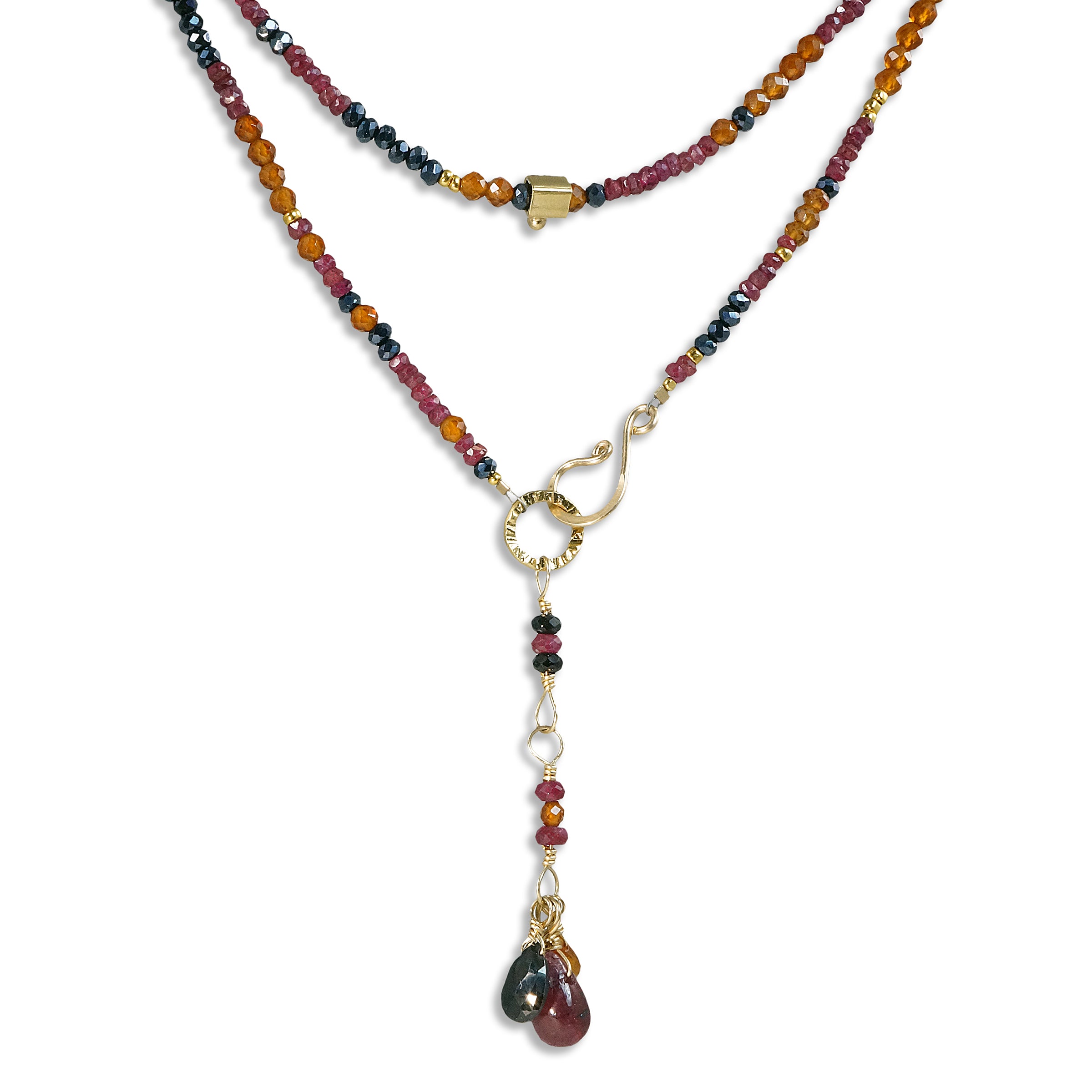 Multi Gemstone Gold Necklace/Wrapped Bracelet with Spinel, Hessonite, Ruby - Long