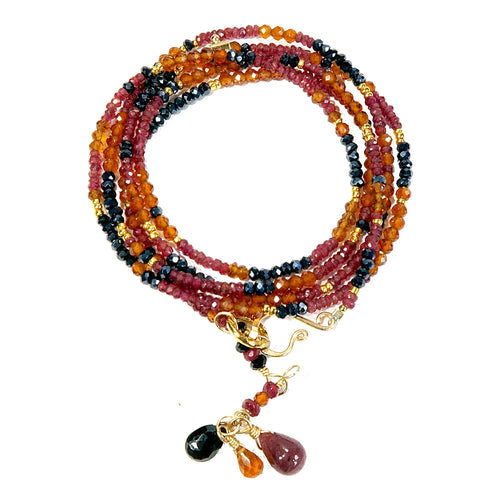 Multi Gemstone Gold Necklace/Wrapped Bracelet with Spinel, Hessonite, Ruby - Long - Q Evon Fine Jewelry