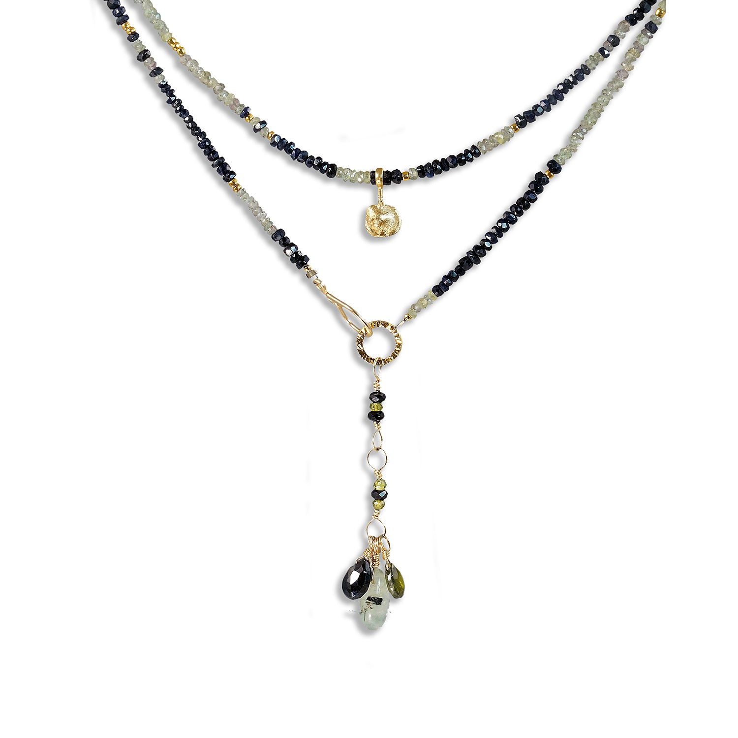 Multi Gemstone Necklace/Wrapped Bracelet with Black Sapphire & Green Sapphire