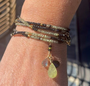 Gold Long Necklace/Wrapped Bracelet with Black Sapphire & Green Sapphire