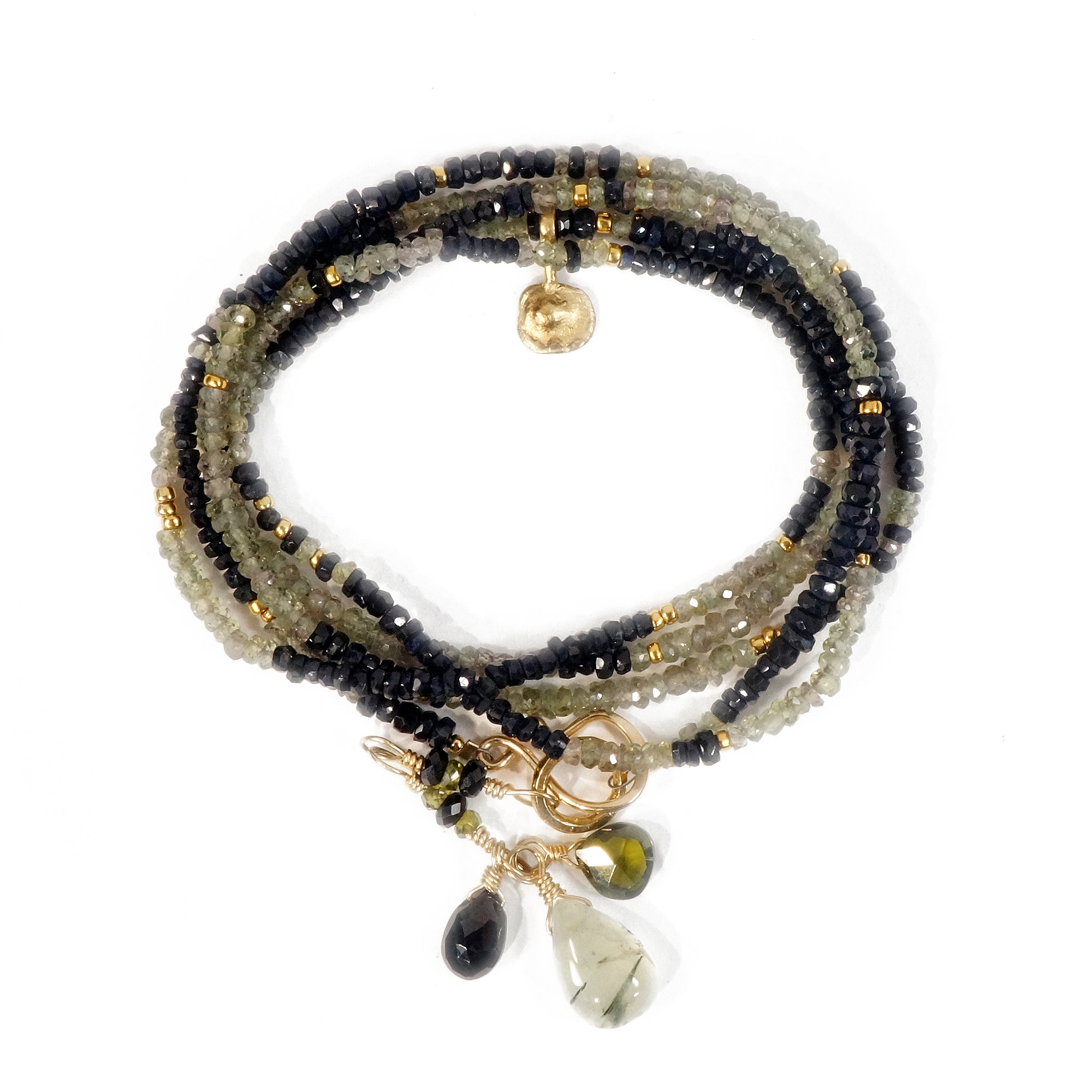 Gold Long Necklace/Wrapped Bracelet with Black Sapphire & Green Sapphire