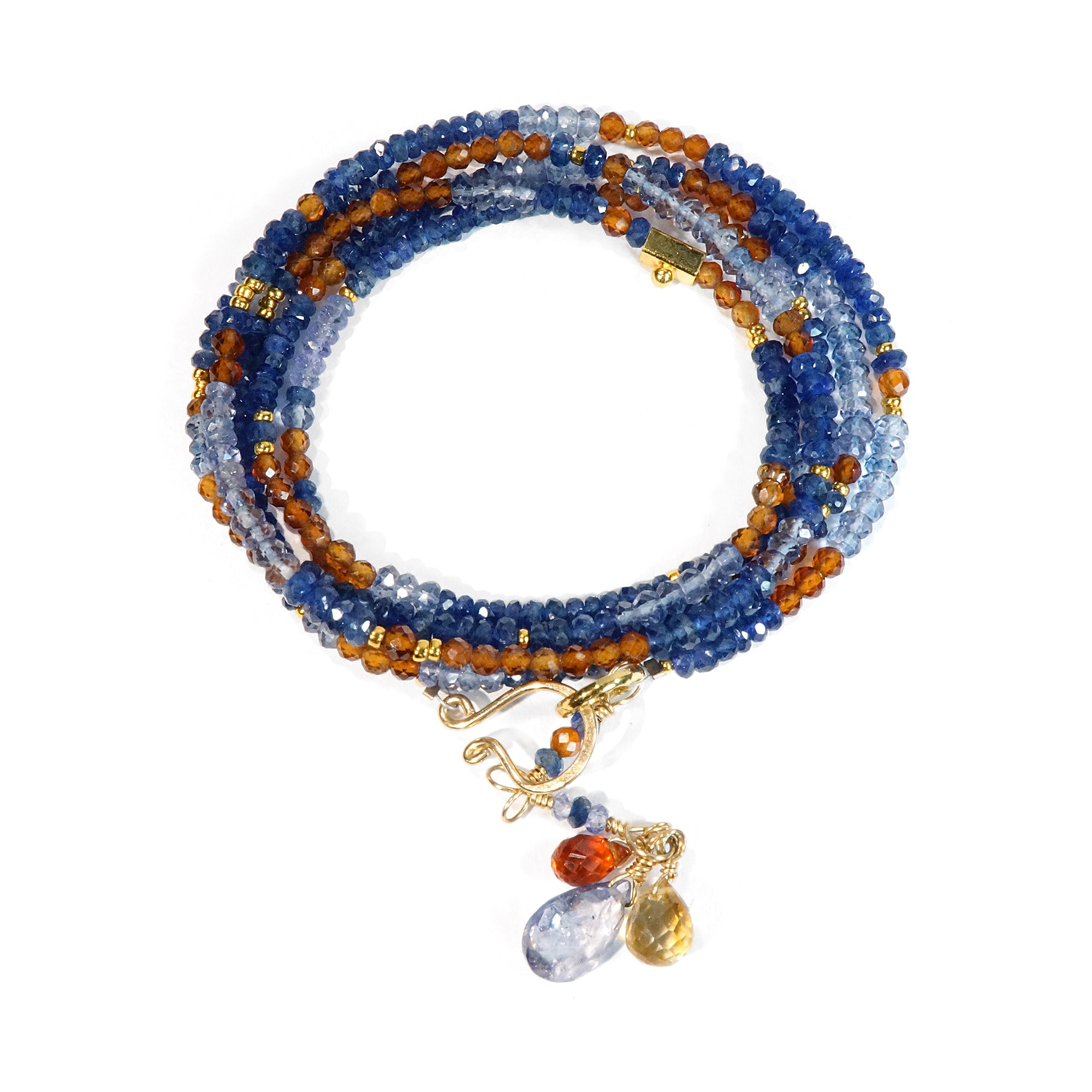 Multi Gemstone Necklace/Wrapped Bracelet with Sapphire, Hessonite, Tanzanite in Gold