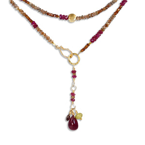 Multi Gemstone Necklace/Wrapped Bracelet with Andalusite and Ruby - Long
