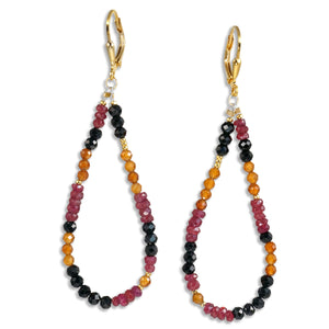 Gold Leverback Earrings with Black Spinel, Hessonite, Ruby - Large