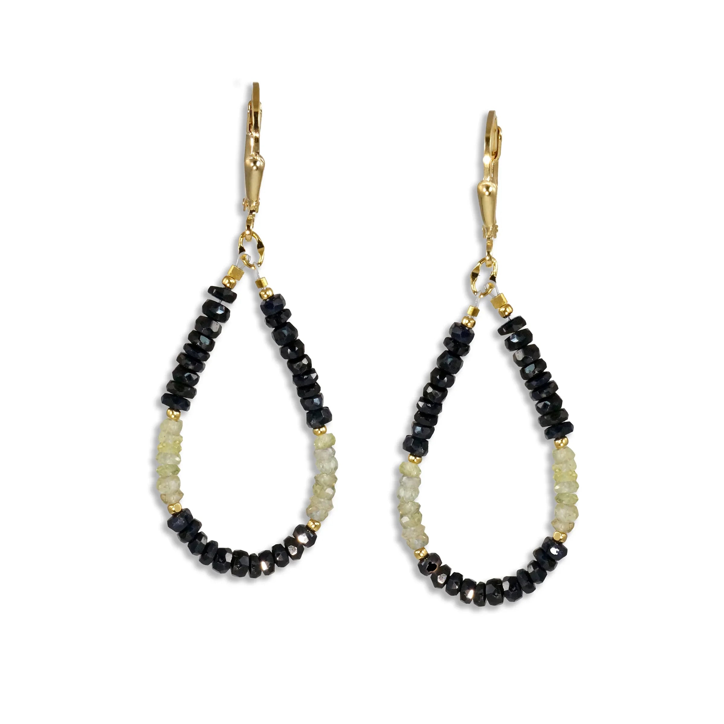 Gold Leverback Earrings with Black Sapphire & Green Sapphire - Q Evon Fine Jewelry