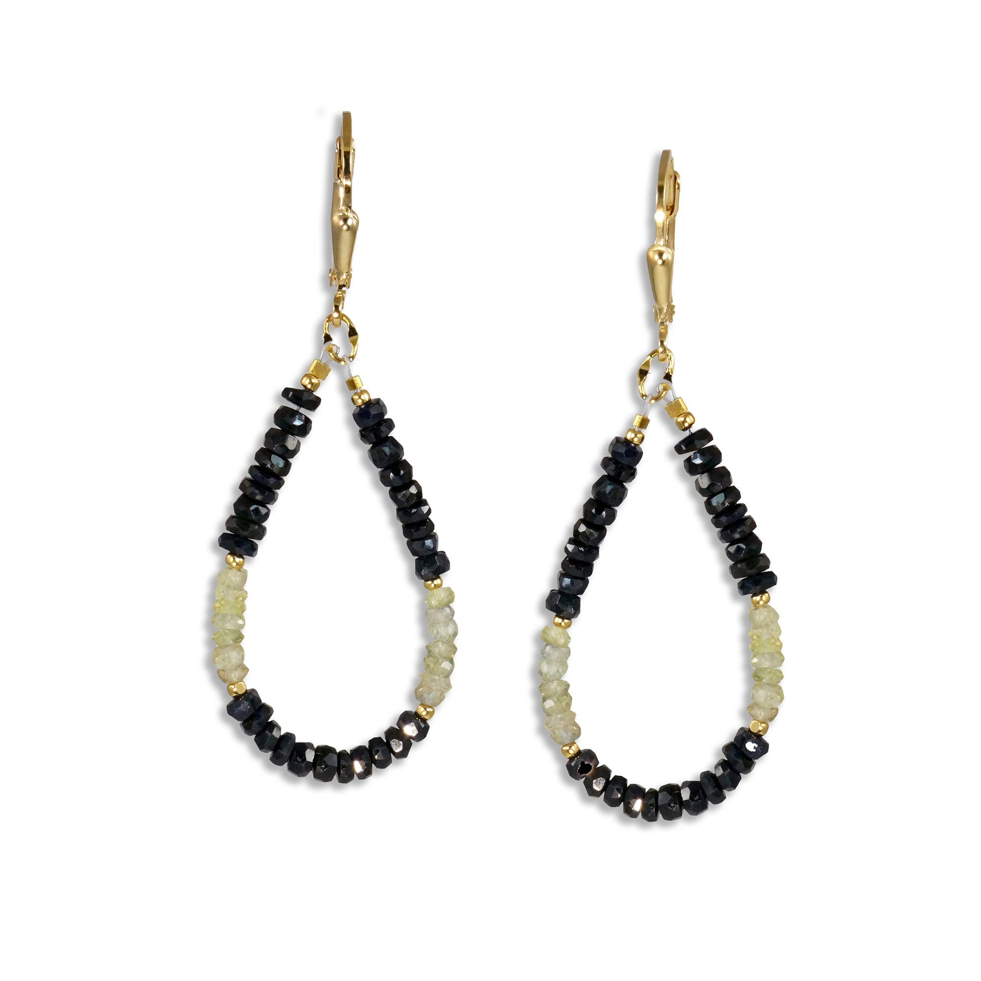 Gold Leverback Earrings with Black Sapphire & Green Sapphire