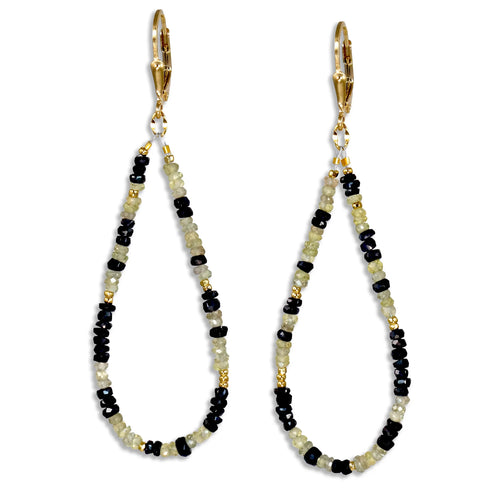 Gold Leverback Earrings with Black Sapphire & Green Sapphire - Large - Q Evon Fine Jewelry