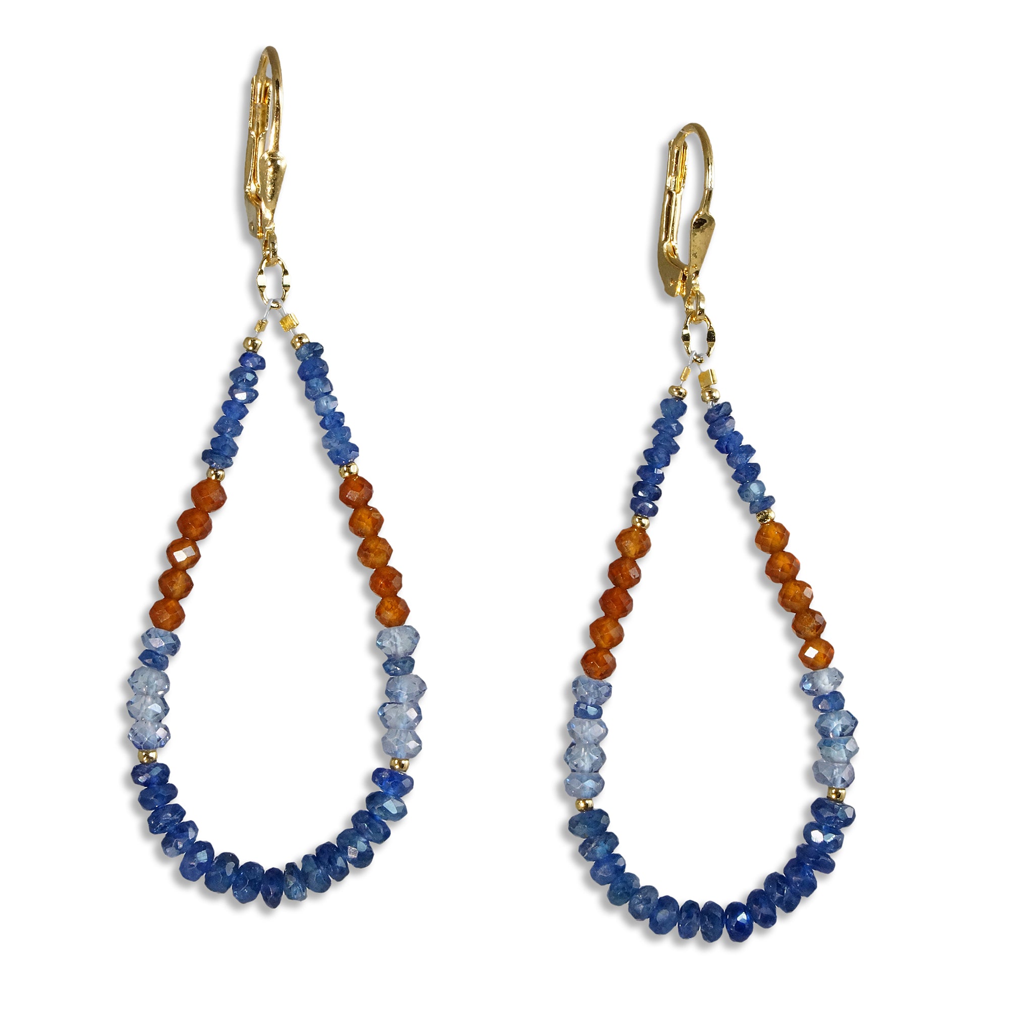 Gold Leverback Earrings with Sapphire, Hessonite, Tanzanite