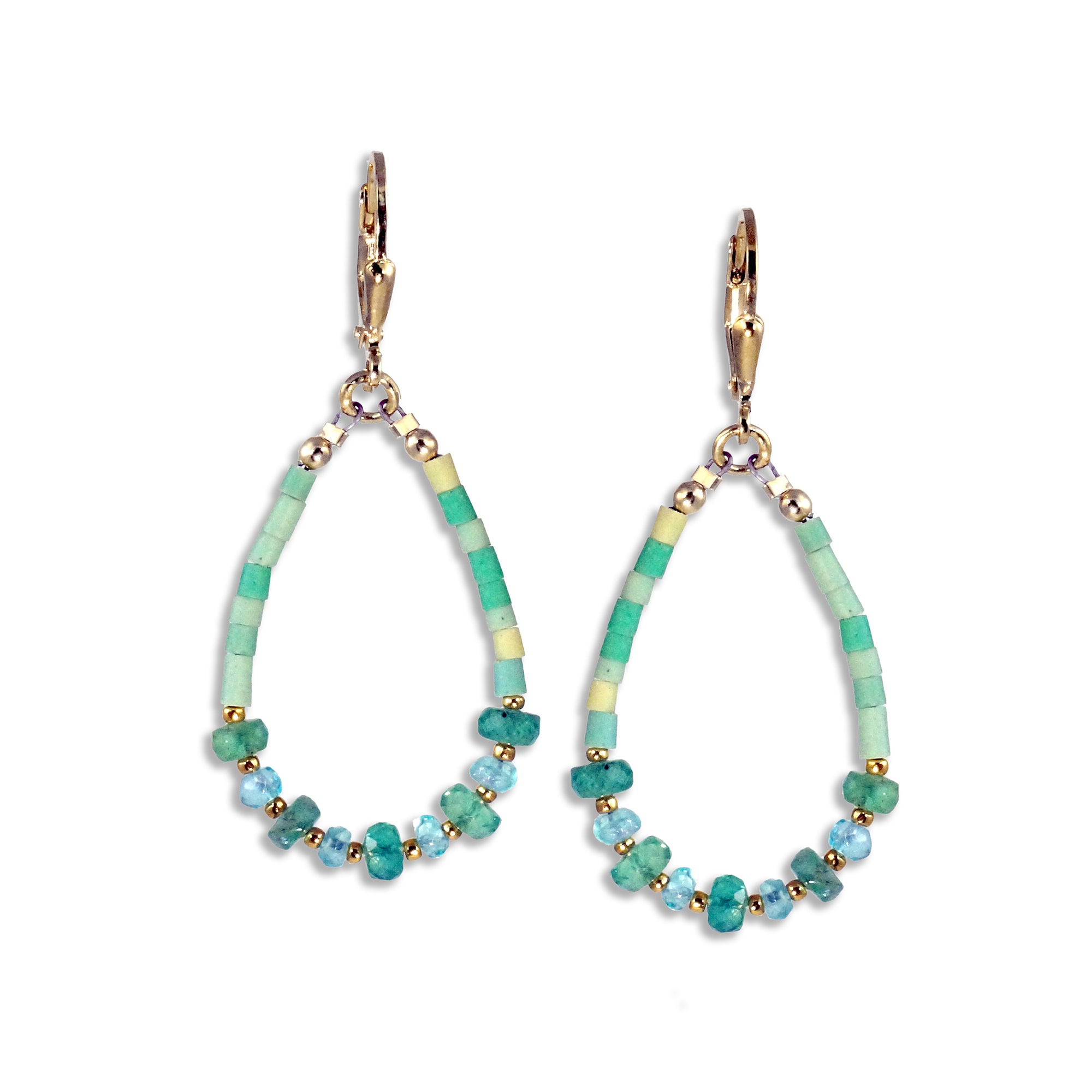 Gold Leverback Earrings with Emerald, Apatite, Turquoise