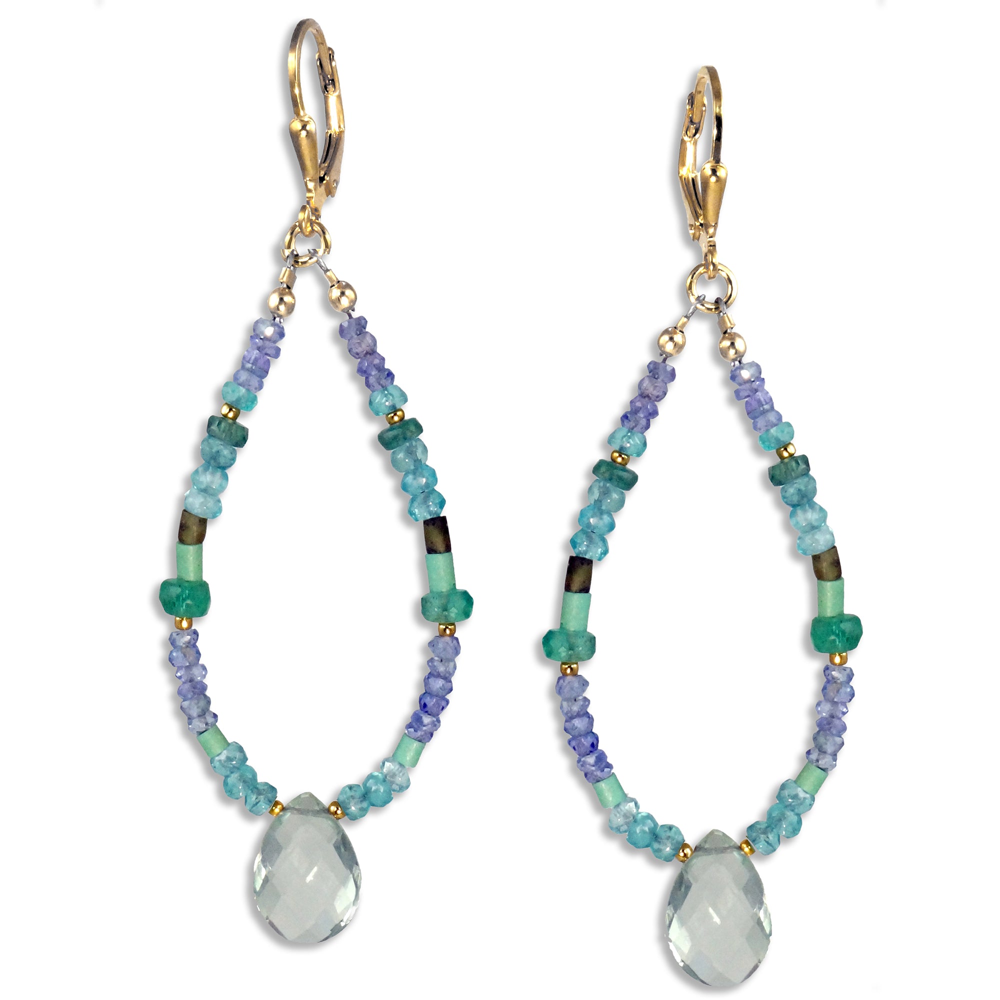 Gold Leverback Earrings with Green Amethyst, Emerald, Turquoise, Tanzanite