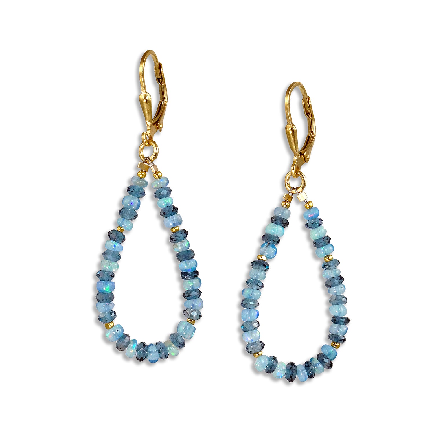 Gold Leverback Earrings with Blue Opal and London Blue Topaz