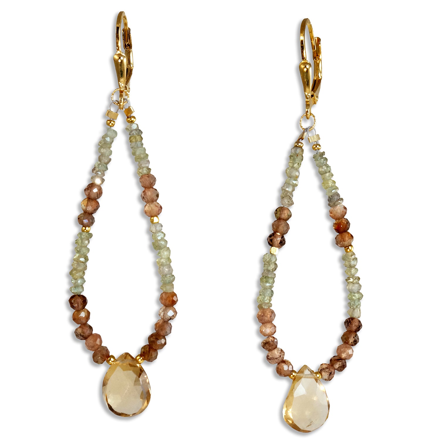 Gold Leverback Earrings with Andalusite, Green Sapphire, Champagne Quartz