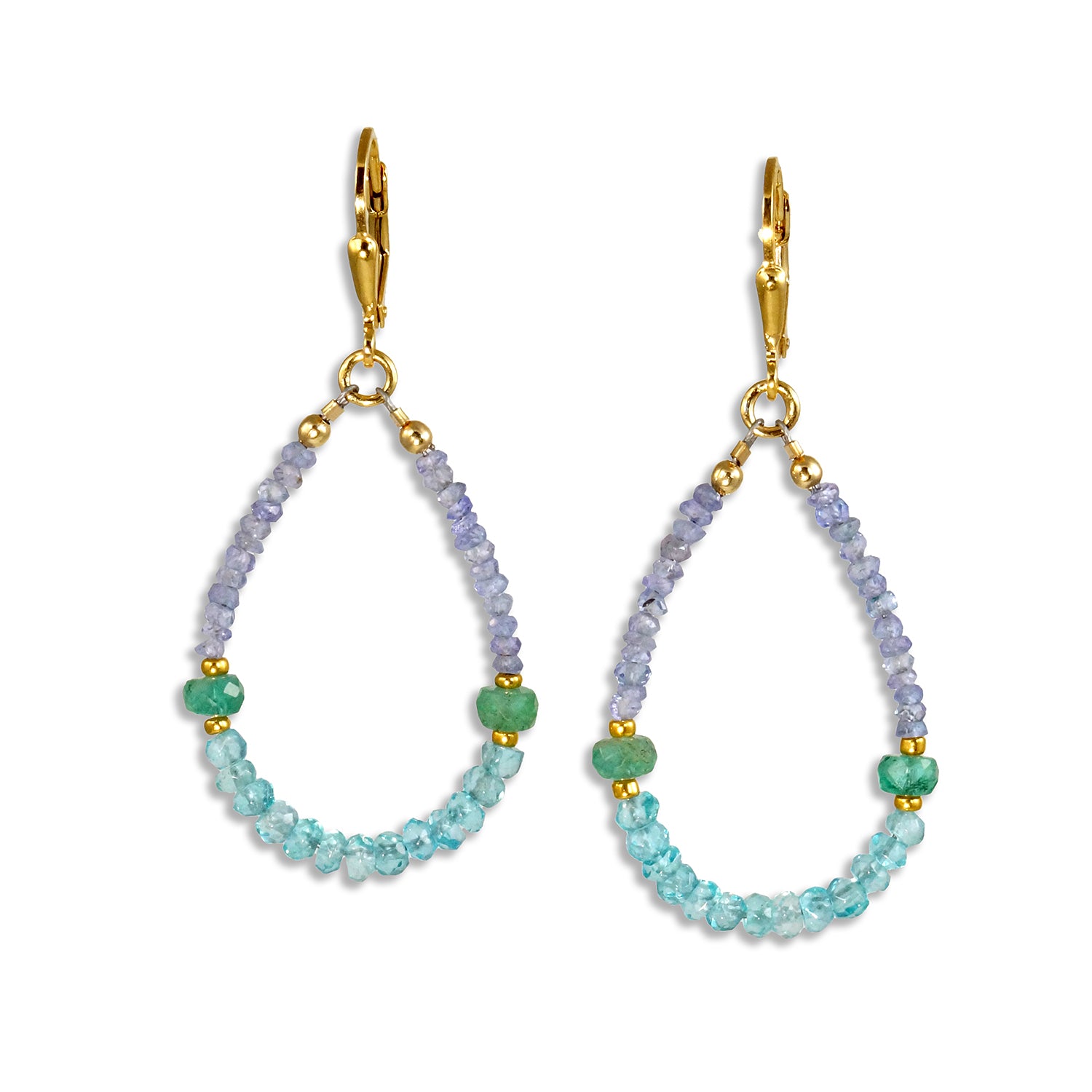 Gold Leverback Earrings with Emerald, Apatite, Tanzanite