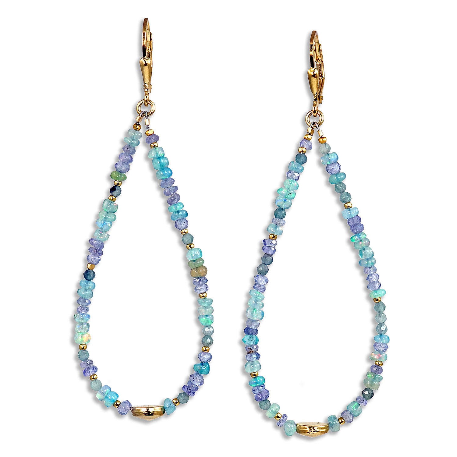 Gold Leverback Earrings with Blue Opal, Tanzanite, Aquamarine - Large