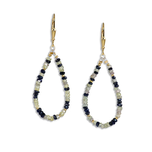 Gold Leverback Earrings with Green & Sapphire Black Sapphire - Q Evon Fine Jewelry