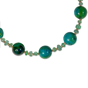 Gold Chrysocolla and Emerald Necklace