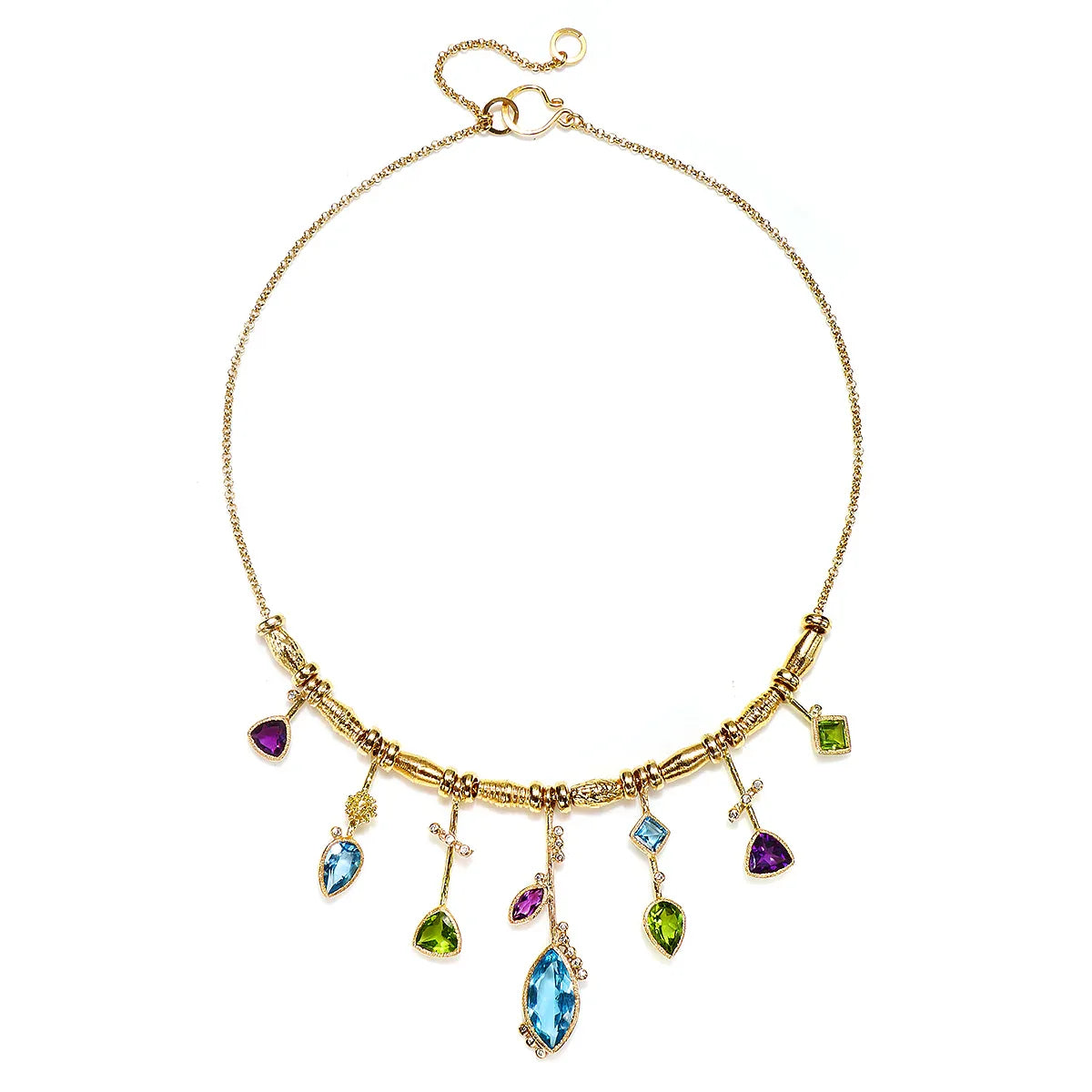 7 Stick Blue Topaz Necklace 14k gold with White Diamonds - Q Evon Fine Jewelry