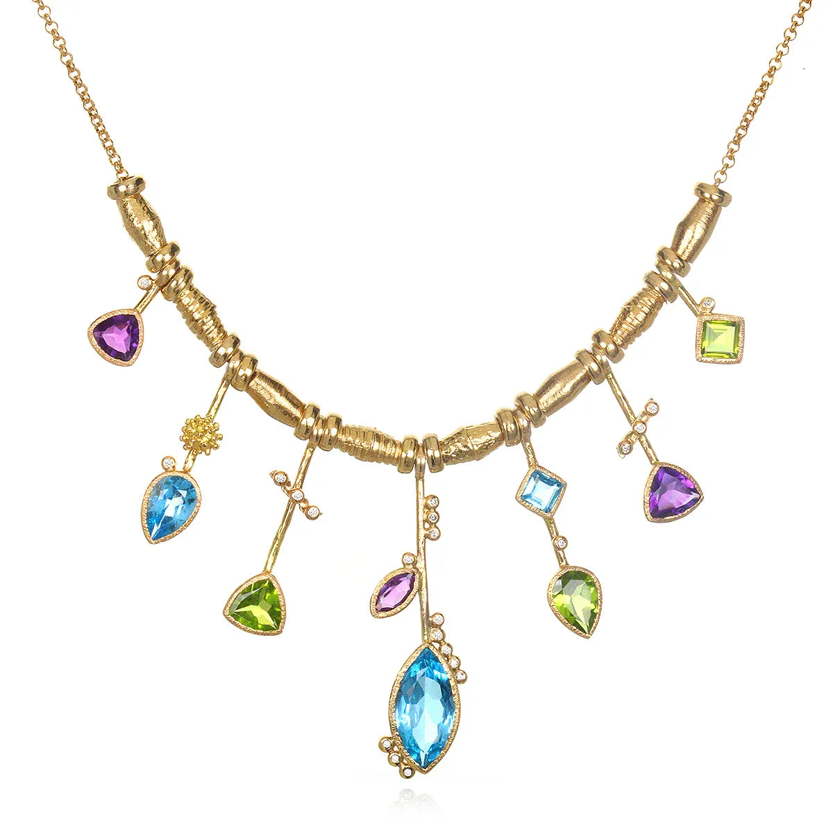 7 Stick Blue Topaz Necklace 14k gold with White Diamonds - Q Evon Fine Jewelry