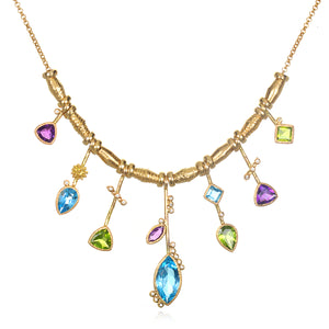 7 Stick Blue Topaz Necklace 14k gold with White Diamonds