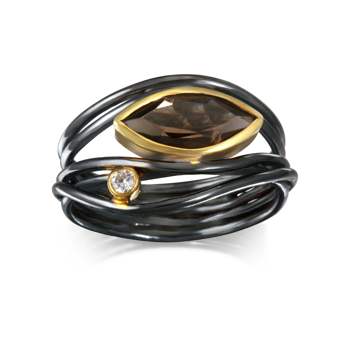 East West Black and Gold Ring - Smoky Quartz &amp; Diamond