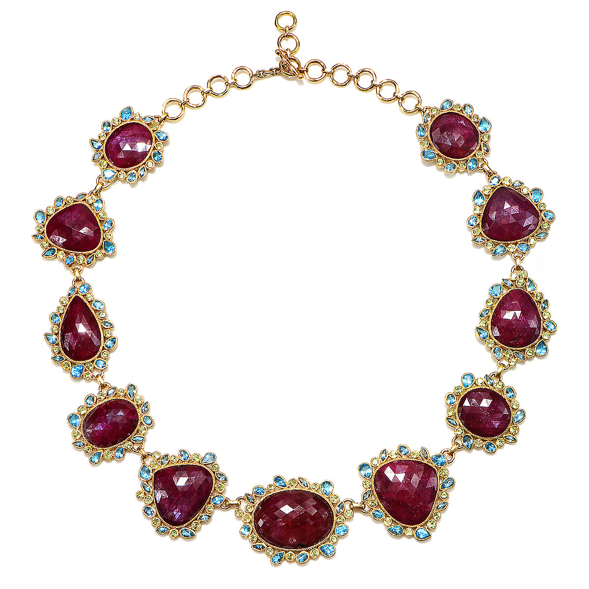 Circle of Fire - 14k Gold and Ruby Necklace with Blue Topaz