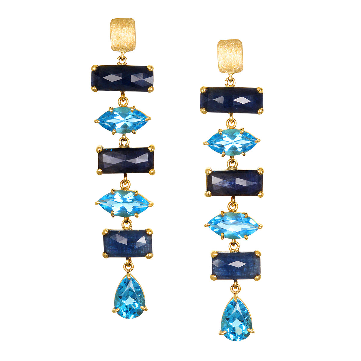 Rose Cut Blue Sapphire Slices & Blue Topaz long drop earrings 14k gold