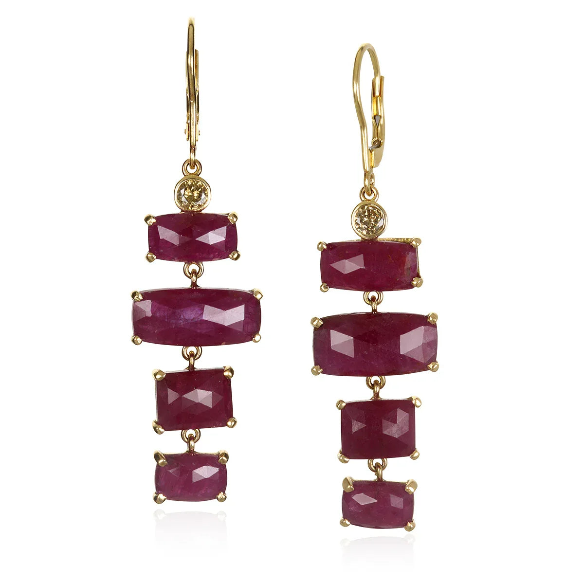 Rose Cut Ruby Slice Drop Earrings with Champagne Diamonds in 14k Gold - Q Evon Fine Jewelry