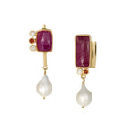 Ruby, Garnet, Diamond & Pearl Asymmetrical Earrings in 14k Gold - Q Evon Fine Jewelry