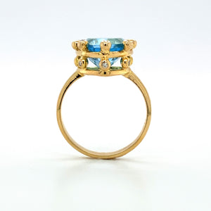 14K Swiss Blue Topaz Trillion Cut and Diamond Ring