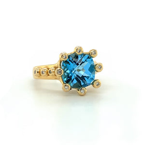 14K Swiss Blue Topaz and Diamond Crown Ring