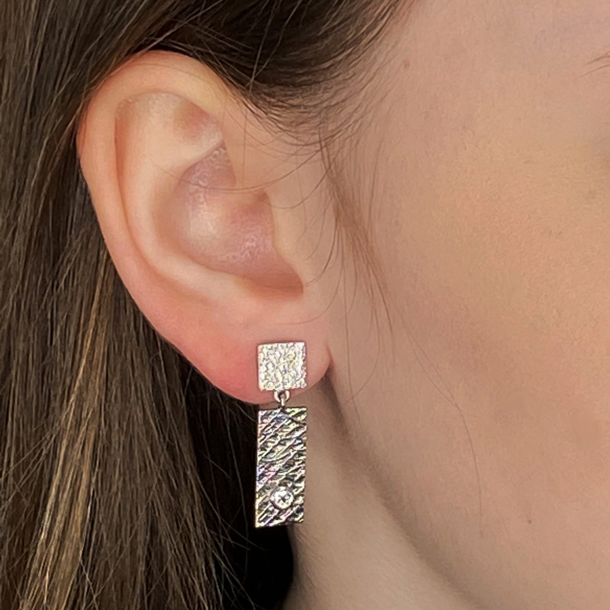 2 Tab Textured Earrings with Diamond