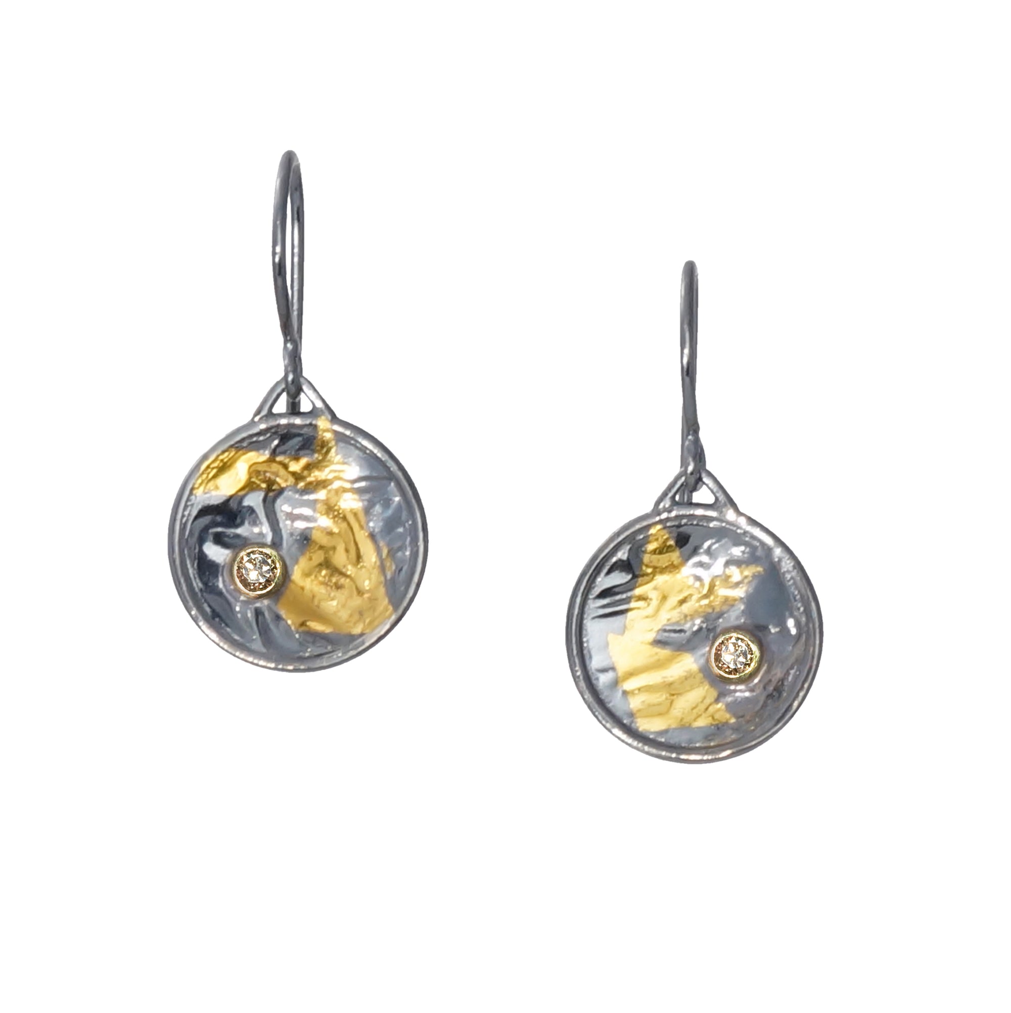 Black and Gold Keum-Boo Diamond Disk Earrings