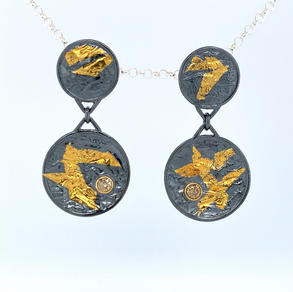 Double Disk Keum-Boo Gold Earrings with Champagne Diamond