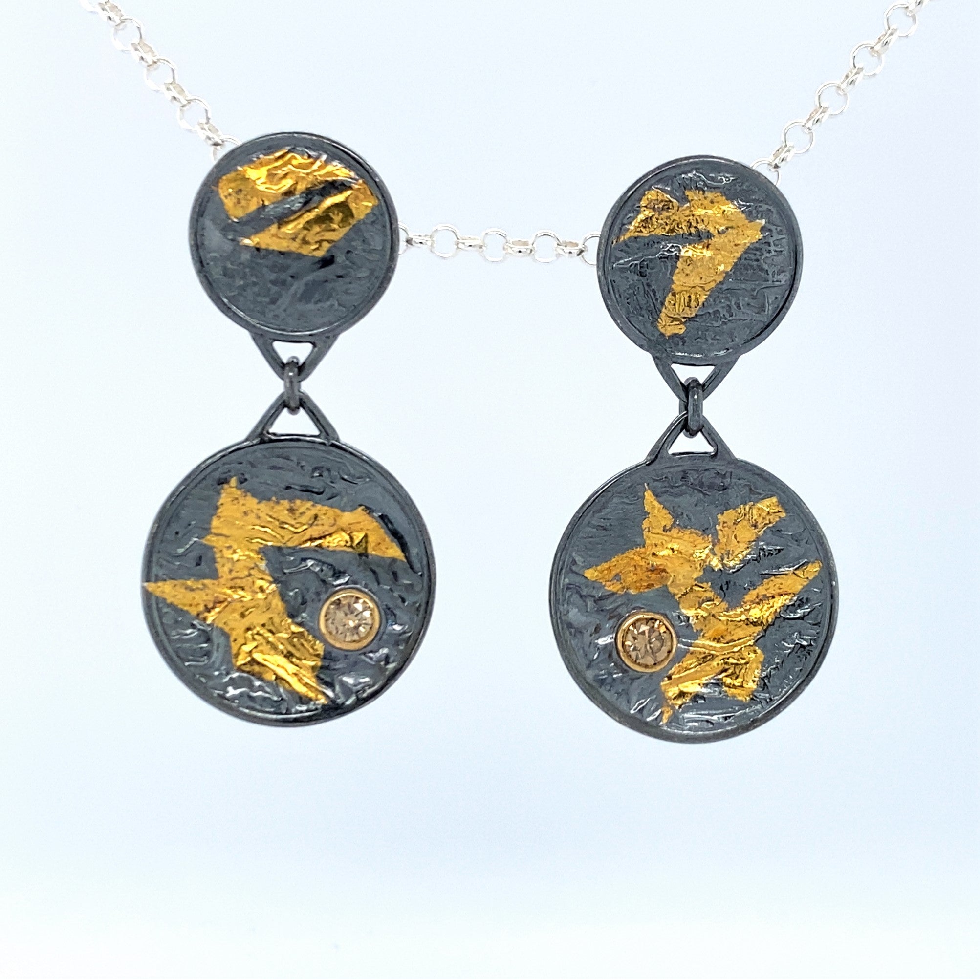 Double Disk Keum-Boo Gold Earrings with Champagne Diamond