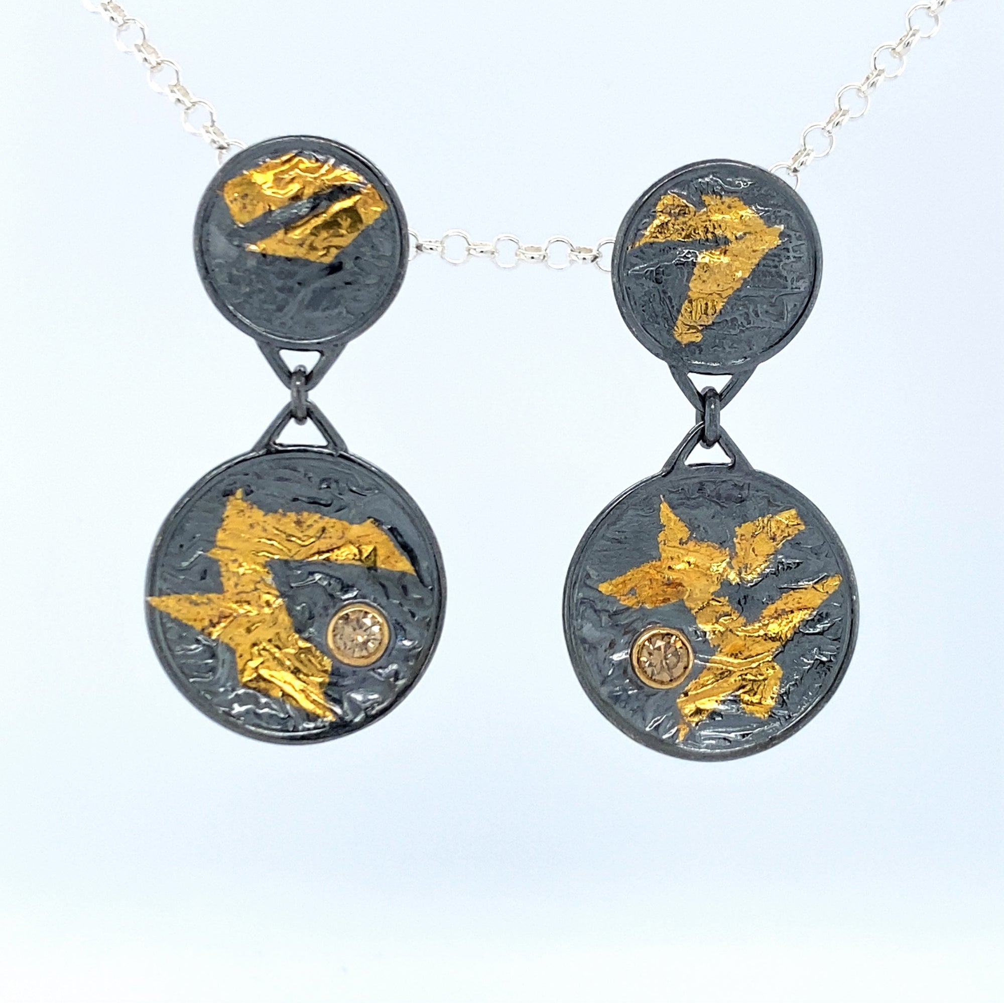 Double Disk Keum-Boo Gold Earrings with Champagne Diamond