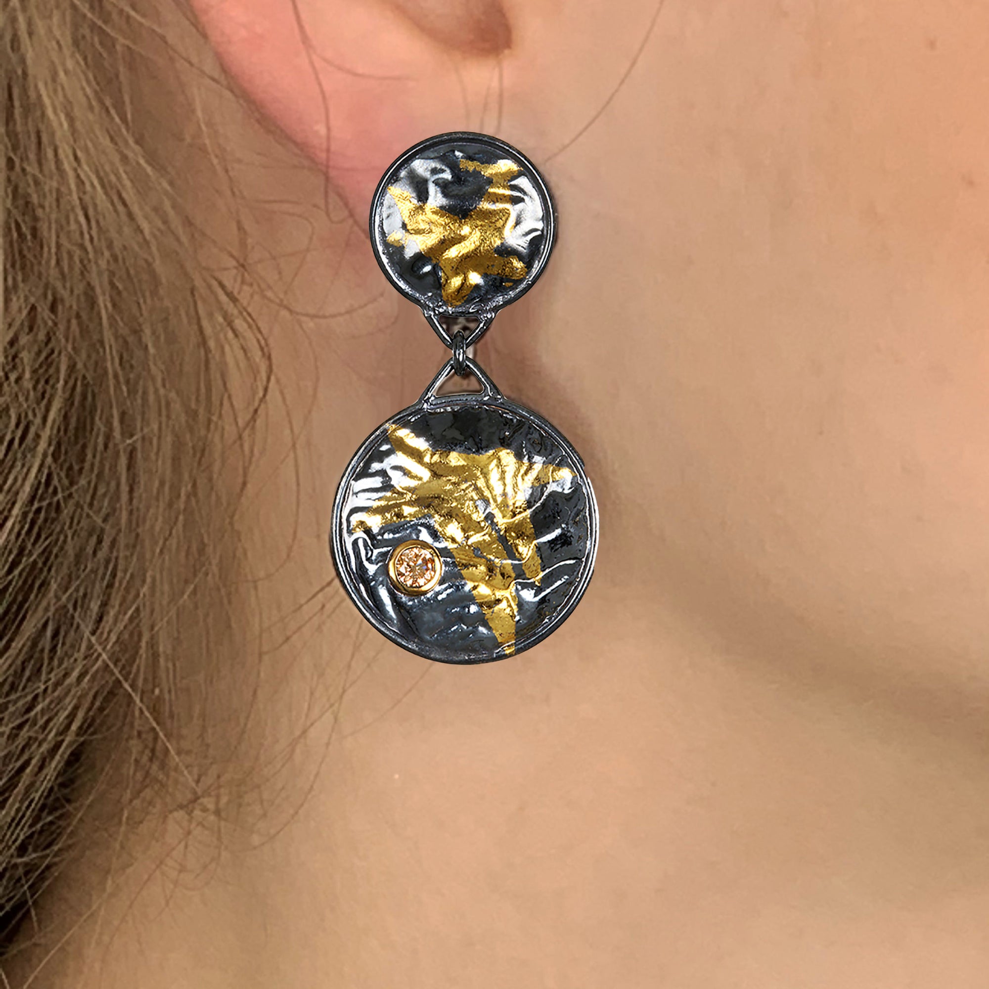 Double Disk Keum-Boo Gold Earrings with Champagne Diamond