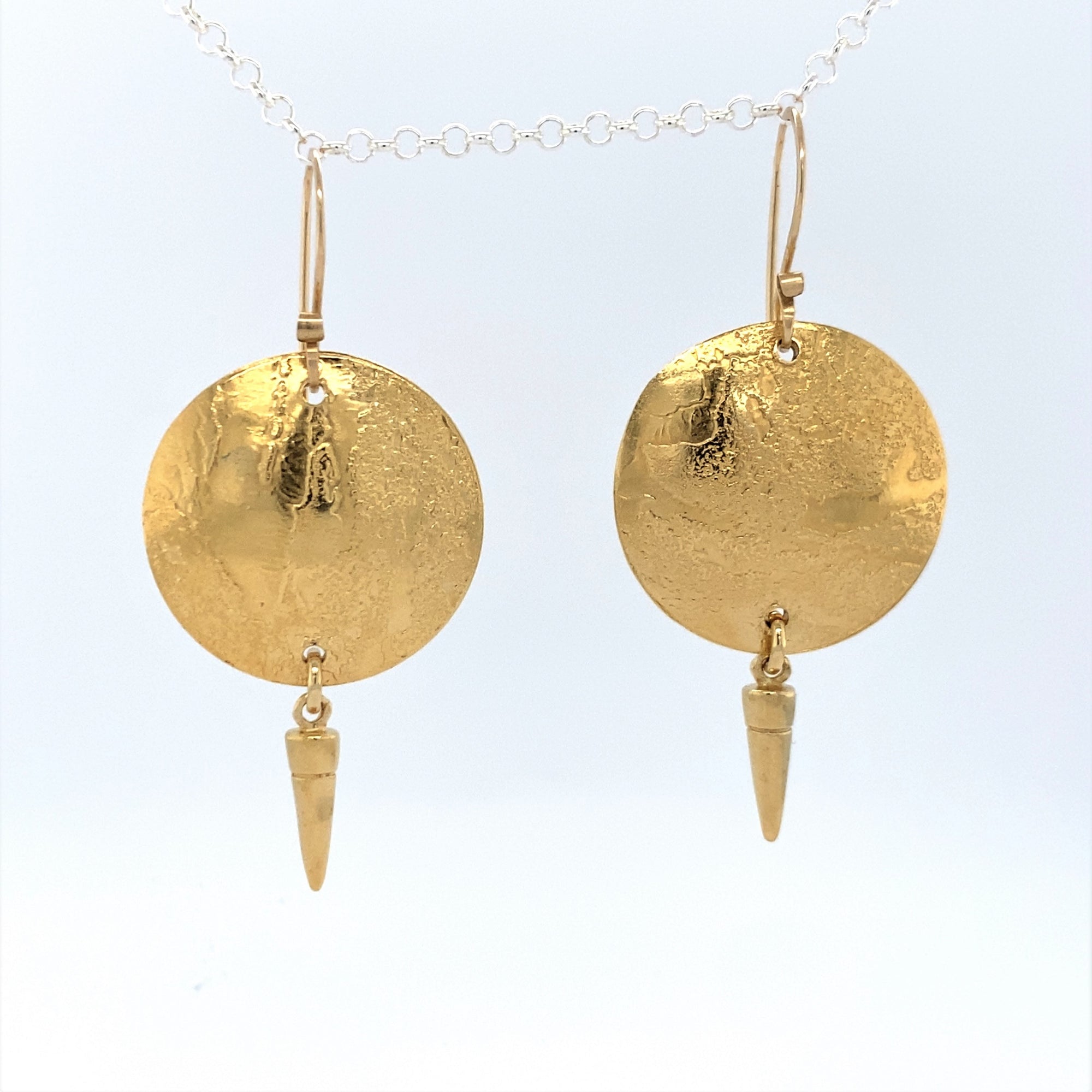 Acid Etched Disk Gold Earrings with Spike