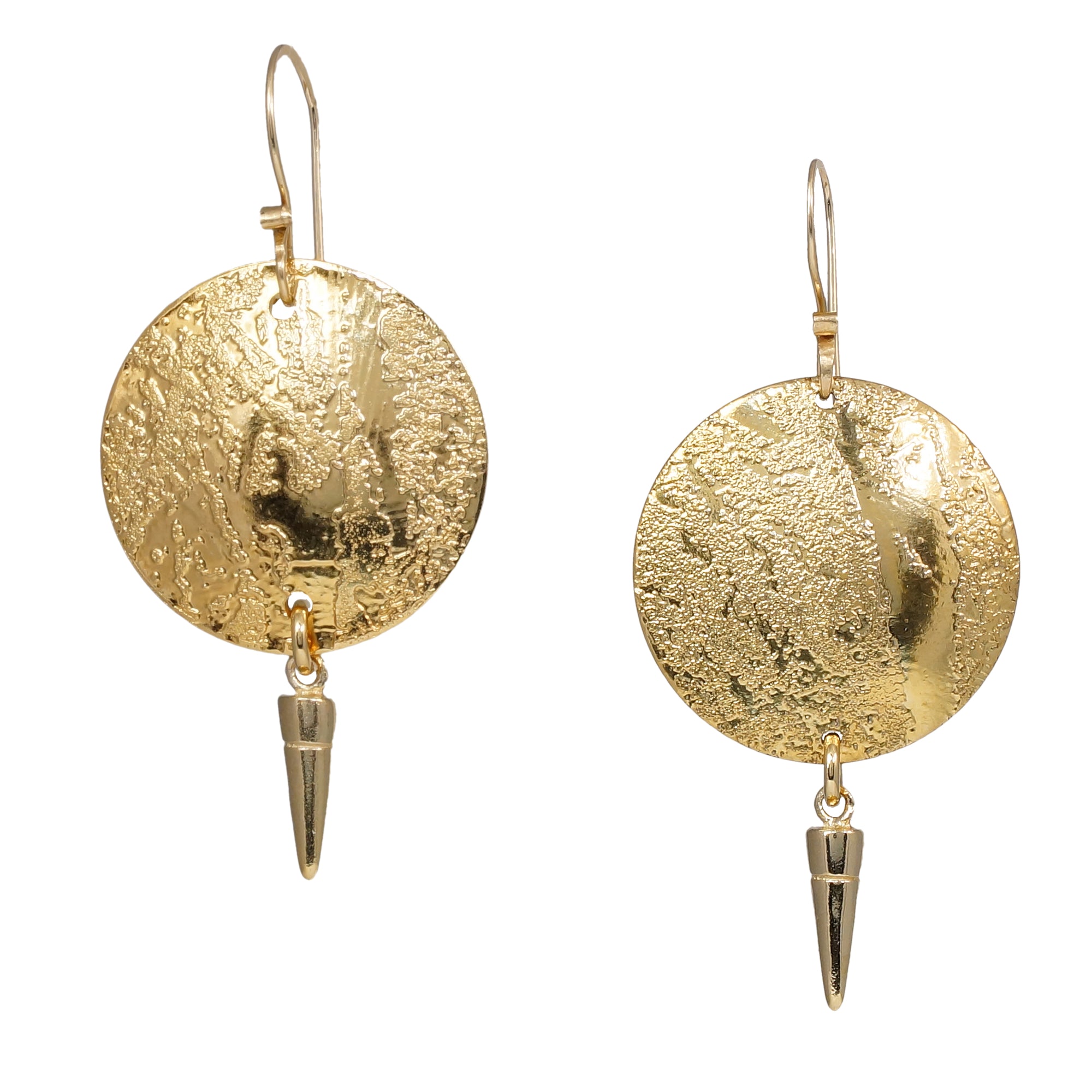 Acid Etched Disk Gold Earrings with Spike