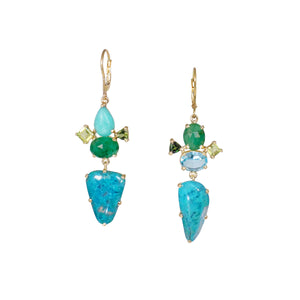 Earrings -14k Gold Asymmetrical Gem Silica & Multi-Stone