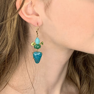 Earrings -14k Gold Asymmetrical Gem Silica & Multi-Stone