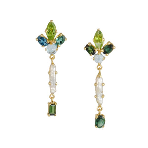 14k Gold Dangle Earrings with Stick Pearl and Gemstones