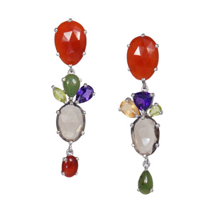 Earrings - Silver Asymmetrical Carnelian & Mixed Stone
