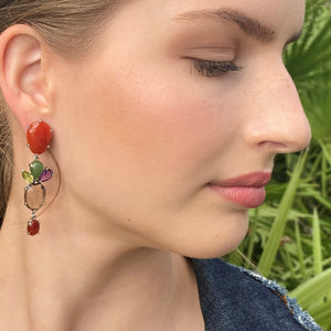 Earrings - Silver Asymmetrical Carnelian & Mixed Stone