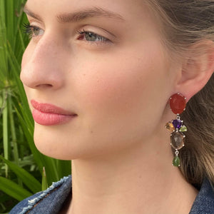 Earrings - Silver Asymmetrical Carnelian & Mixed Stone