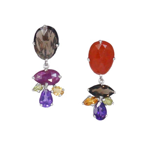 Earrings - Silver Asymmetrical Carnelian, Smoky Quartz & Mixed Stone