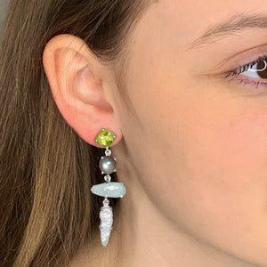 Earrings - Silver Asymmetrical Pearl & Peridot