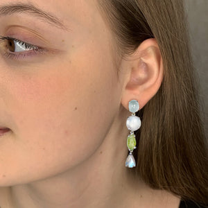 Earrings - Silver Asymmetrical Pearl & Peridot