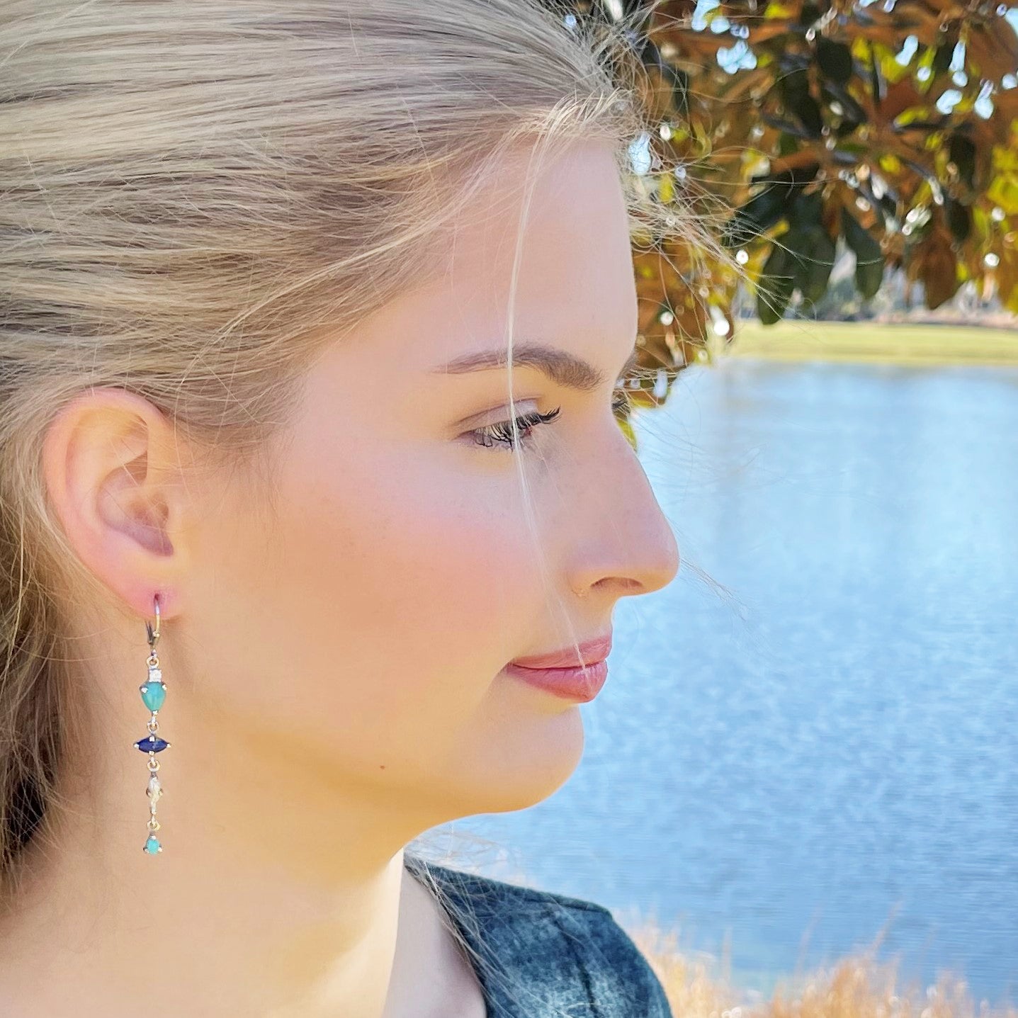 Lapis, Sleeping Beauty Turquoise & White Topaz Drop Earrings